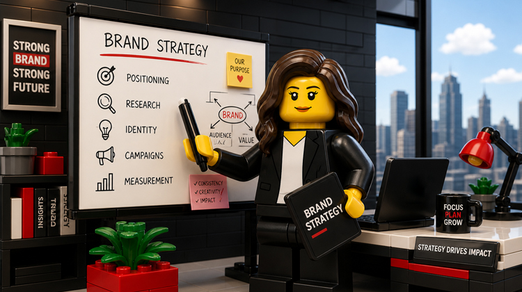 LEGO businesswoman explains brand strategy at a whiteboard listing positioning, research, identity, campaigns, and measurement. A city skyline is visible outside.