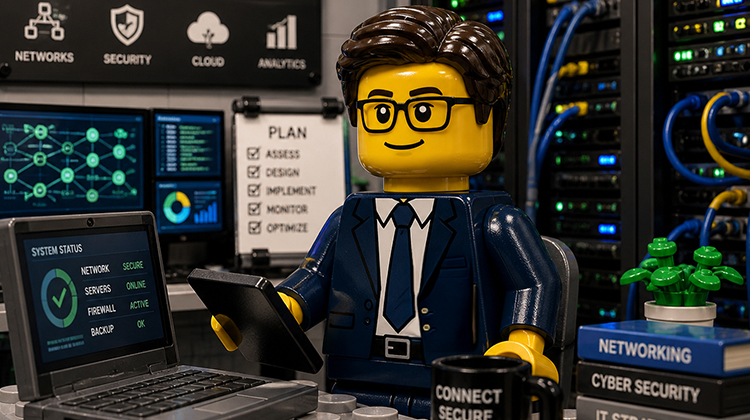 Lego businessman in a suit using a tablet in a data-center with servers and networking gear behind him.
