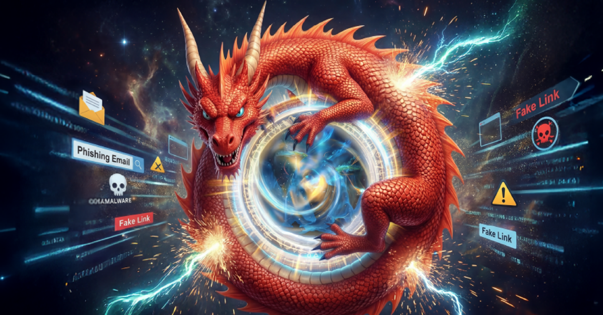 Red dragon encircles a glowing digital portal, surrounded by labels for phishing emails and fake links as cybersecurity icons swirl around.